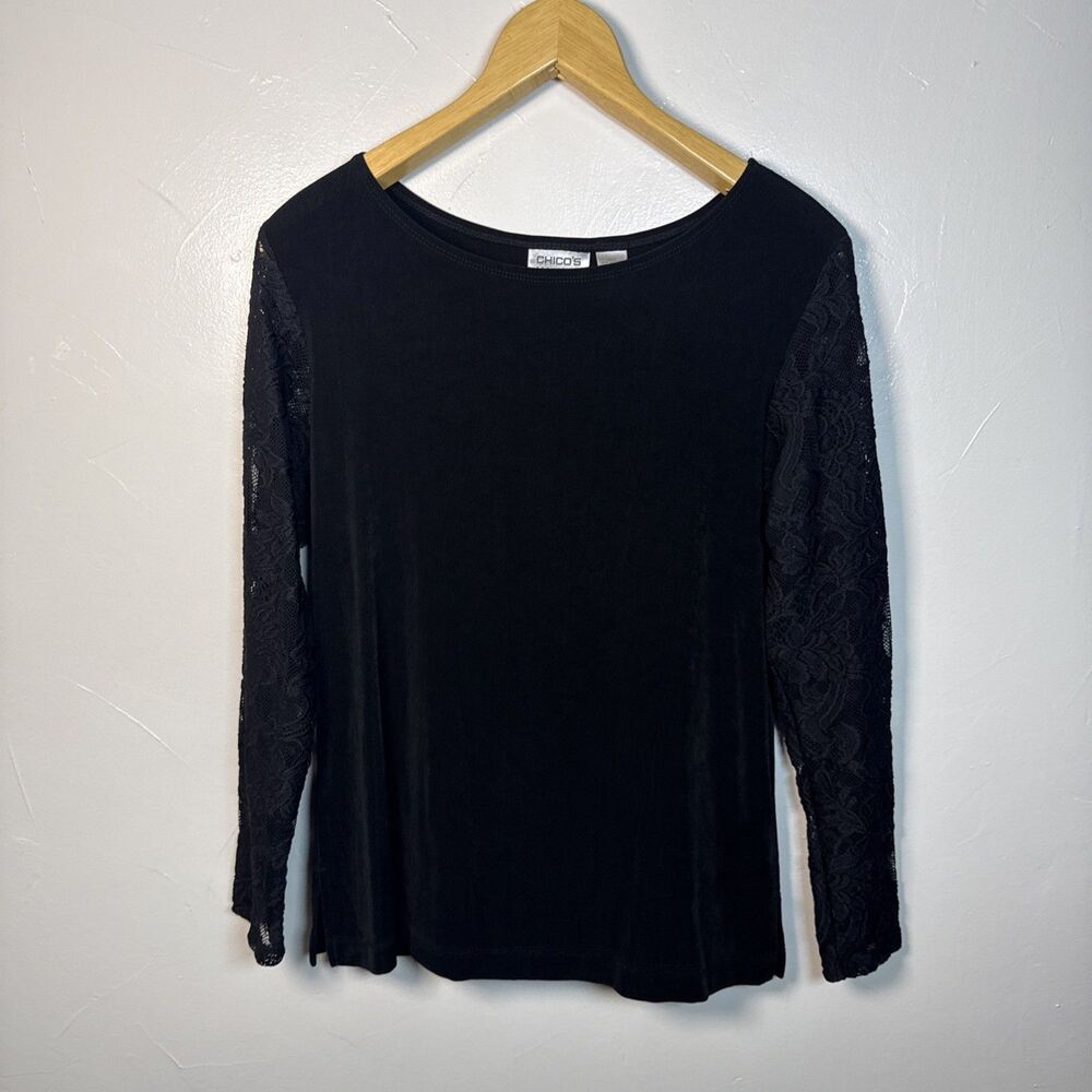 Chico's Travelers Black Top Lace Sleeves Size Small (0) Neutral Goth Minimalist